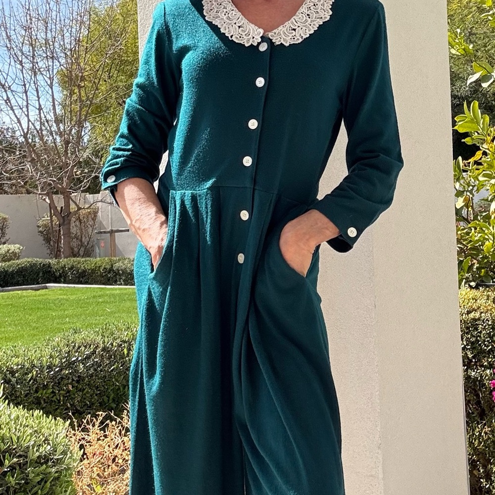 Teal Casual Jumpsuit with Cuffed Long Sleeves and Peter Pan Collar